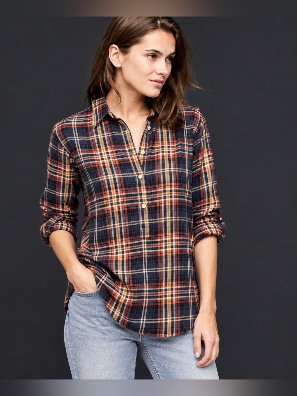 Gap Popover Plaid Tunic Roll Long Sleeve Flannel *27